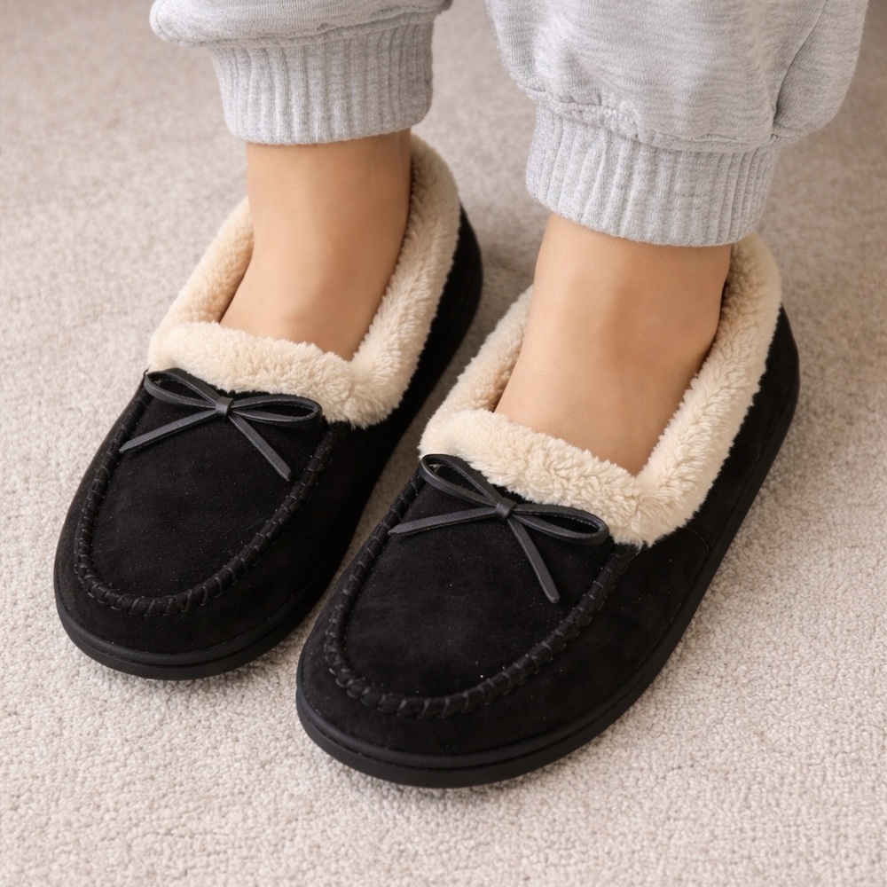 Old Navy Black Suede Cream Faux Fur Lined Bow Cozy Comfy Moccasins Size 9